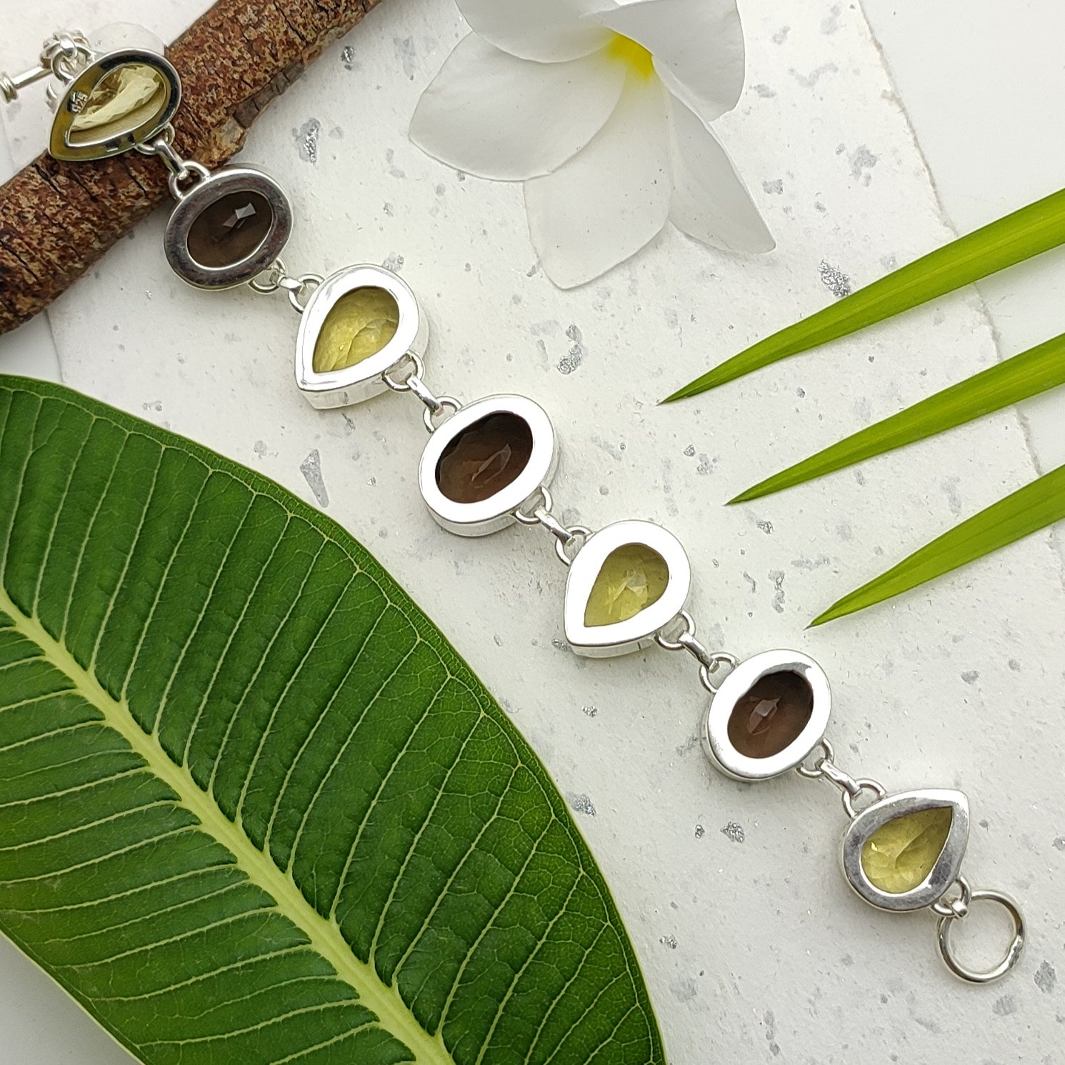 Handmade 925 Sterling Silver Lemon Topaz, Smoky Quartz Bracelet Elegant Multi Shape Design