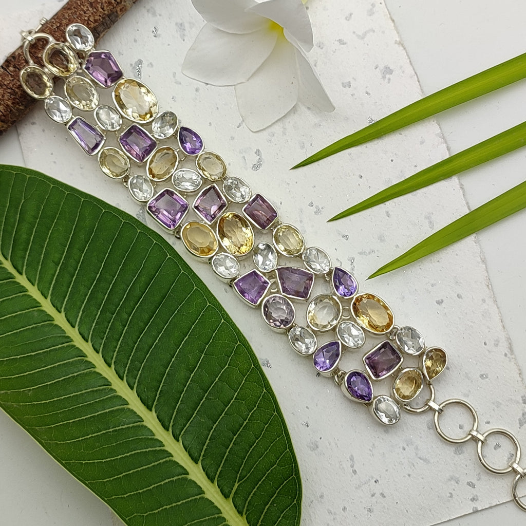 Artisan  Citrine, Crystal And Amethyst Faceted Bracelet Handmade 925 Sterling Silver Fine Jewelry