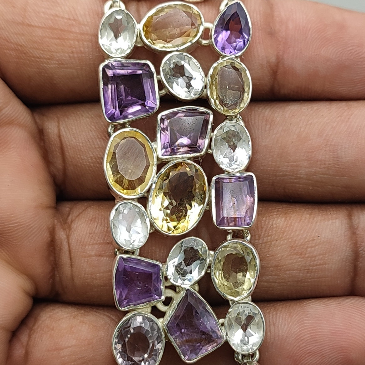 Artisan  Citrine, Crystal And Amethyst Faceted Bracelet Handmade 925 Sterling Silver Fine Jewelry