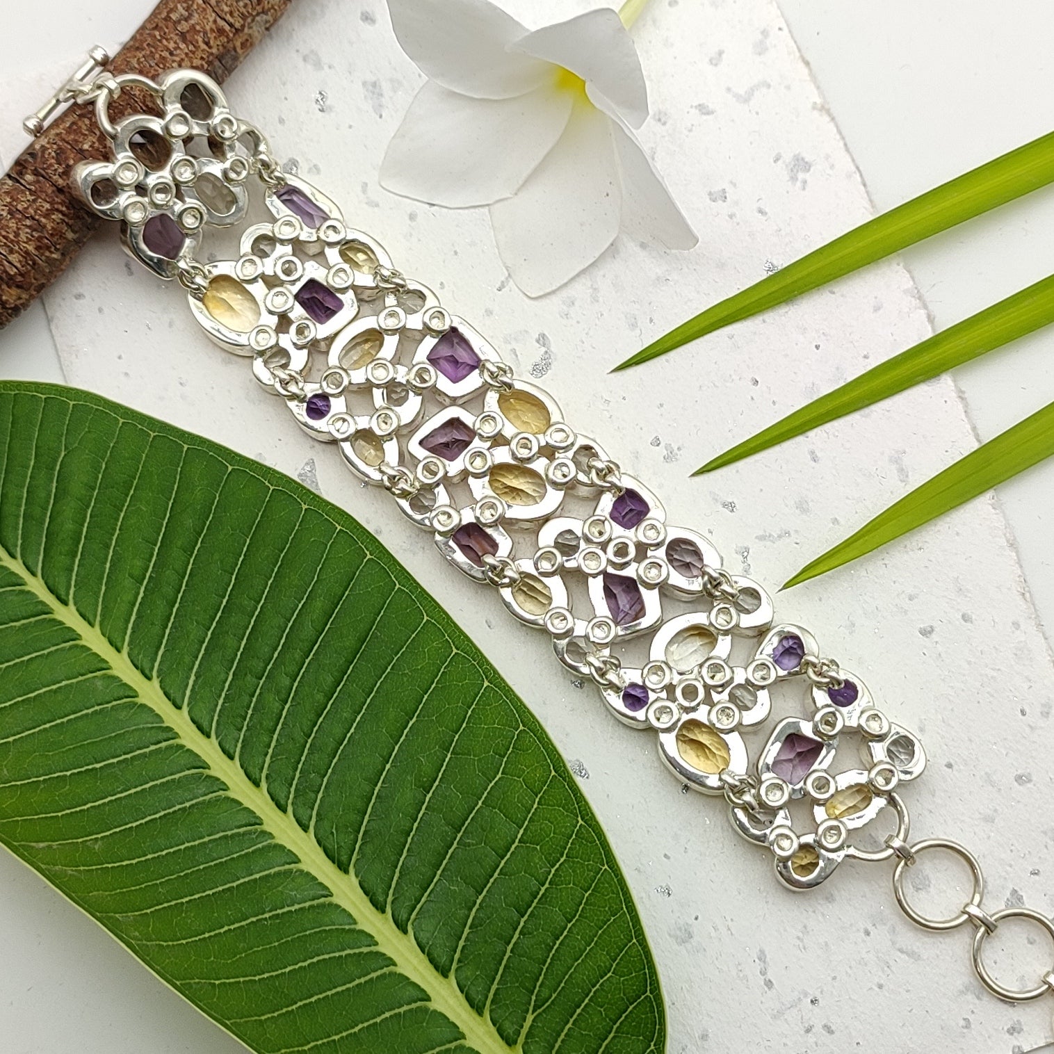 Artisan  Citrine, Crystal And Amethyst Faceted Bracelet Handmade 925 Sterling Silver Fine Jewelry