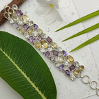 Artisan  Citrine, Crystal And Amethyst Faceted Bracelet Handmade 925 Sterling Silver Fine Jewelry