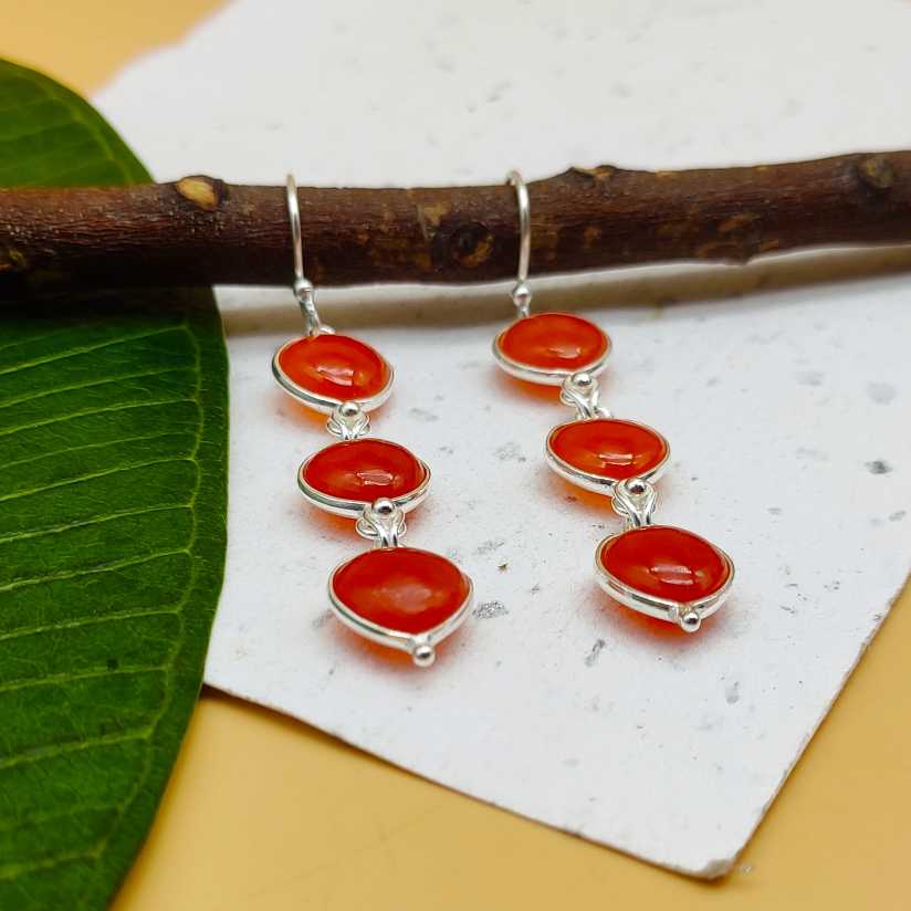 Heart Carnelian Cabochon 925 Sterling Silver Drop Earrings
