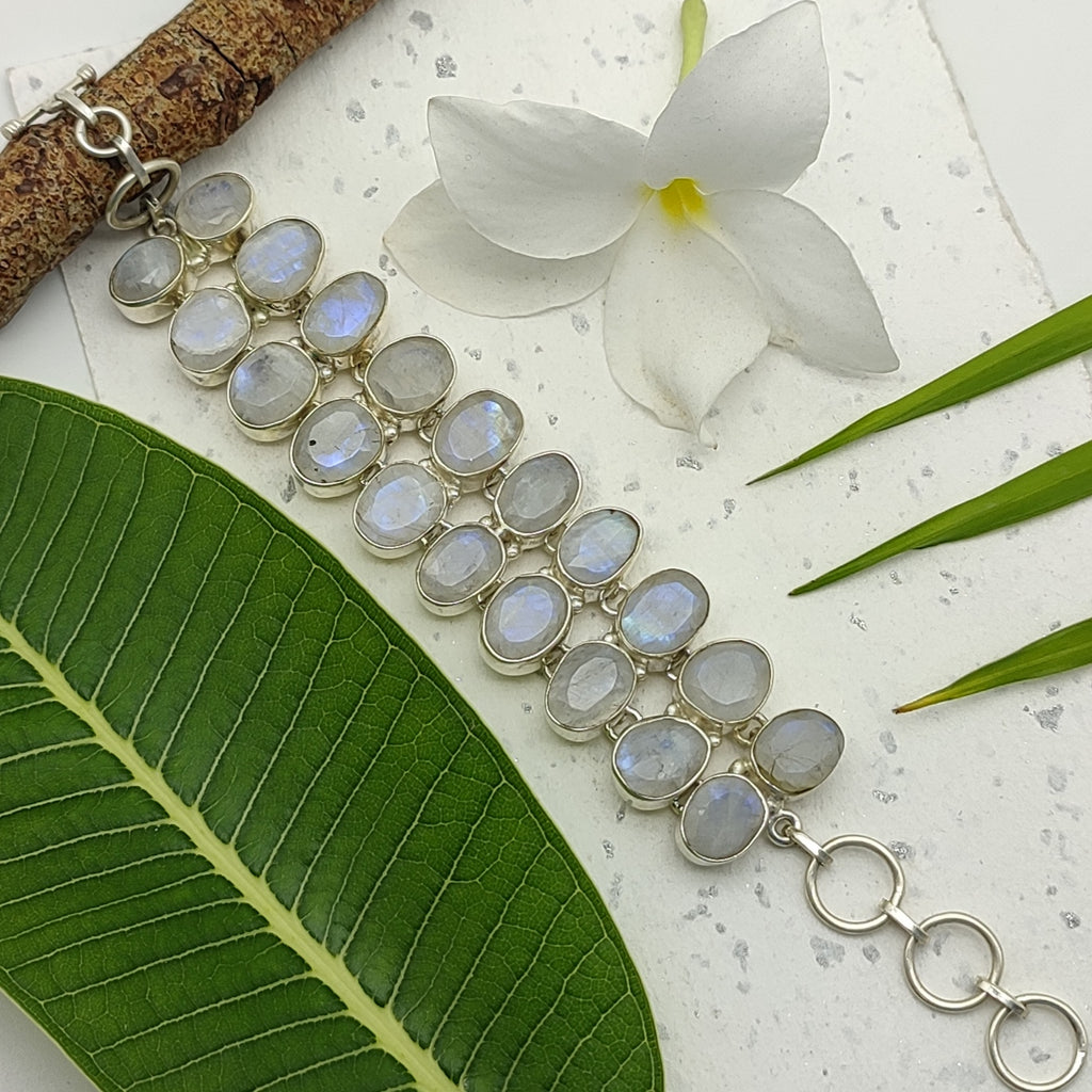 Natural Moonstone Chunky Bracelet Handmade 925 Sterling Silver Elegant Jewelry