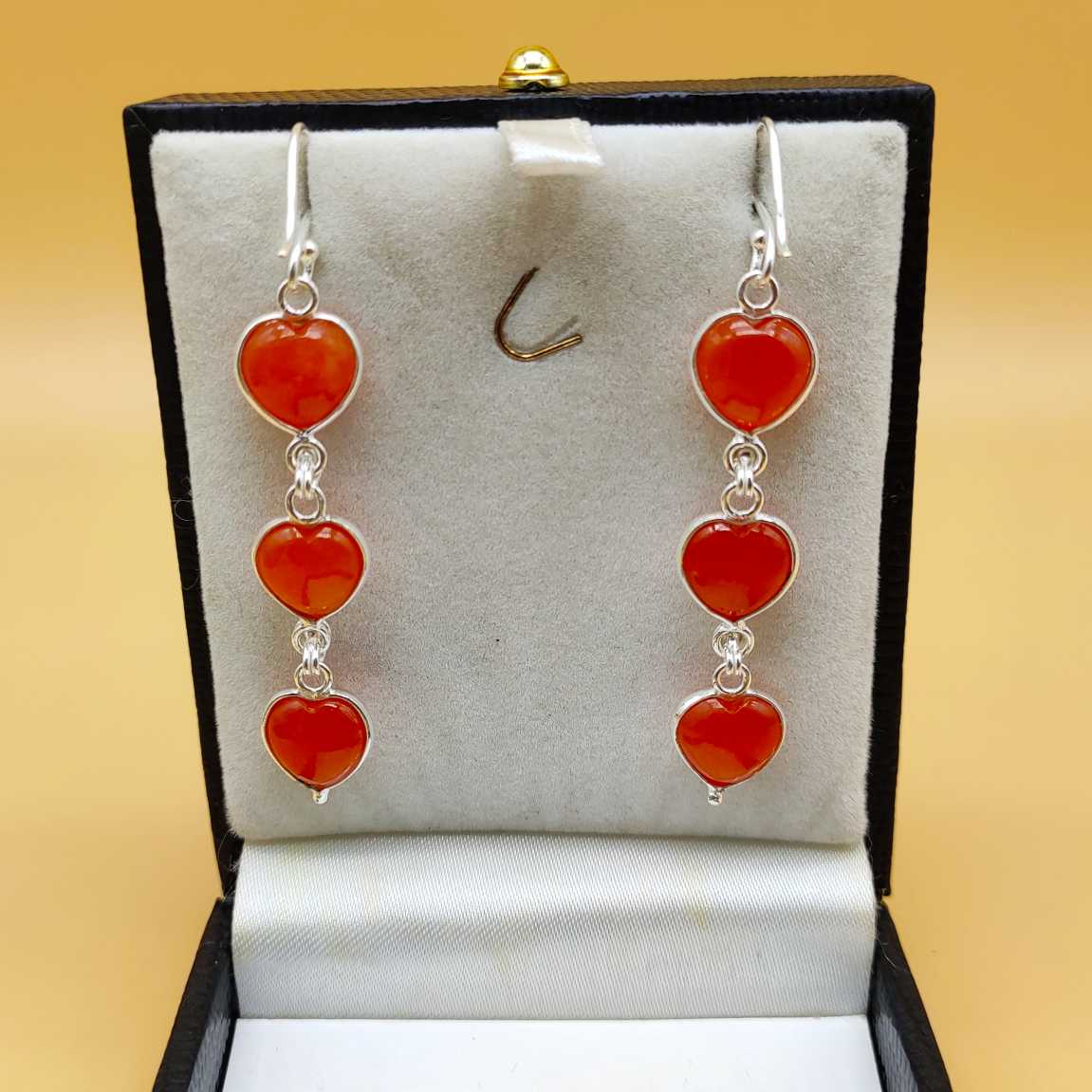 Heart Carnelian Cabochon 925 Sterling Silver Drop Earrings