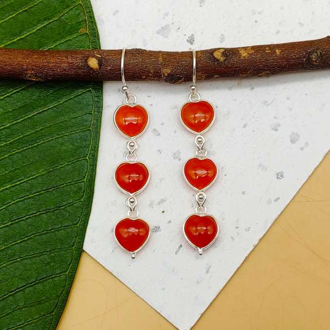 Heart Carnelian Cabochon 925 Sterling Silver Drop Earrings