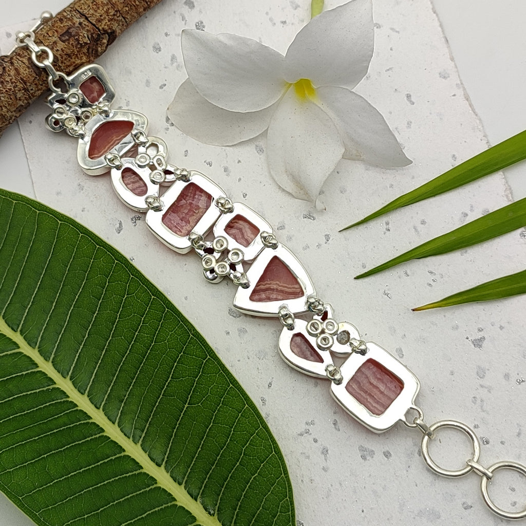 Fine Handmade Rhodonite And Garnet Bracelet in 925 Sterling Silver Elegant Gemstone Jewelry