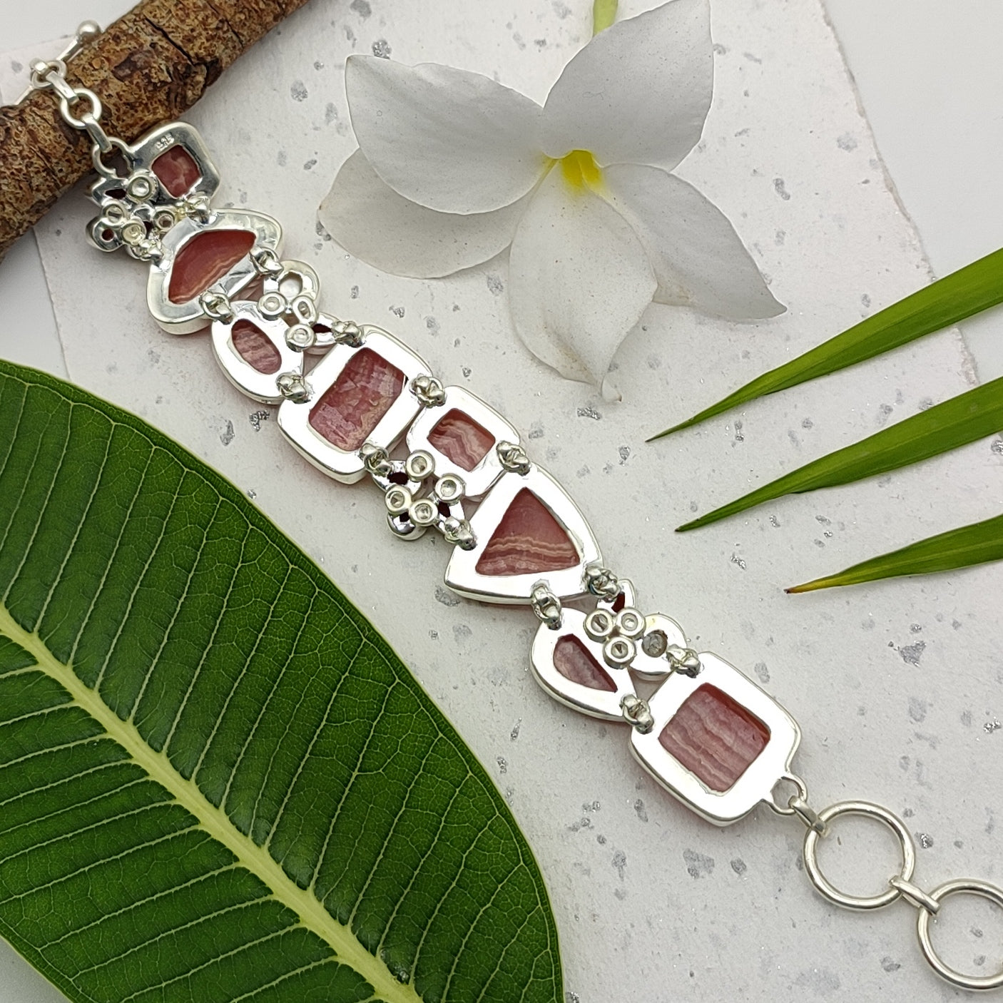 Fine Handmade Rhodonite And Garnet Bracelet in 925 Sterling Silver Elegant Gemstone Jewelry