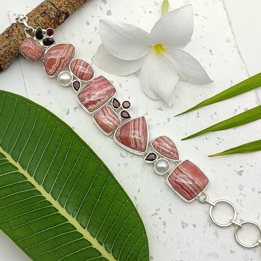 Fine Handmade Rhodonite And Garnet Bracelet in 925 Sterling Silver Elegant Gemstone Jewelry