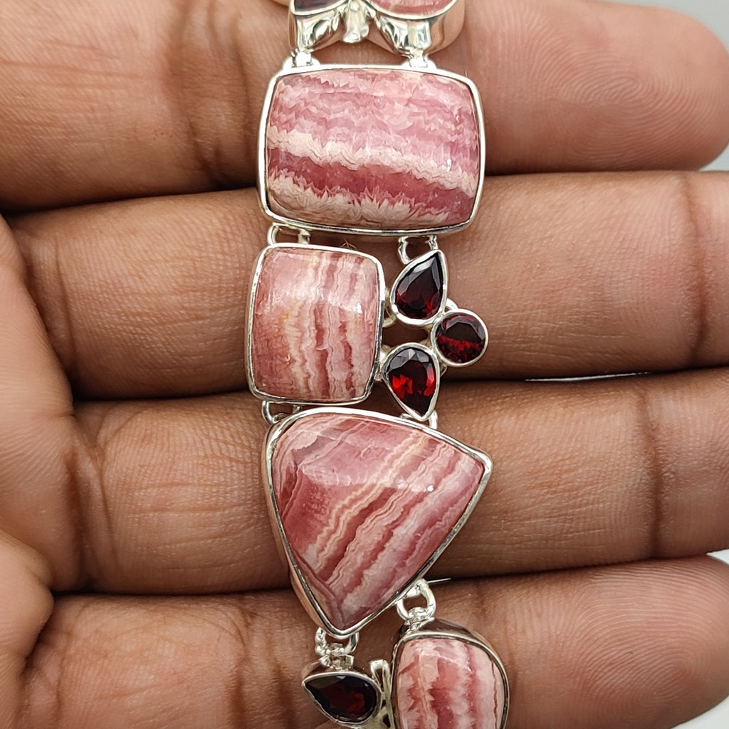 Fine Handmade Rhodonite And Garnet Bracelet in 925 Sterling Silver Elegant Gemstone Jewelry