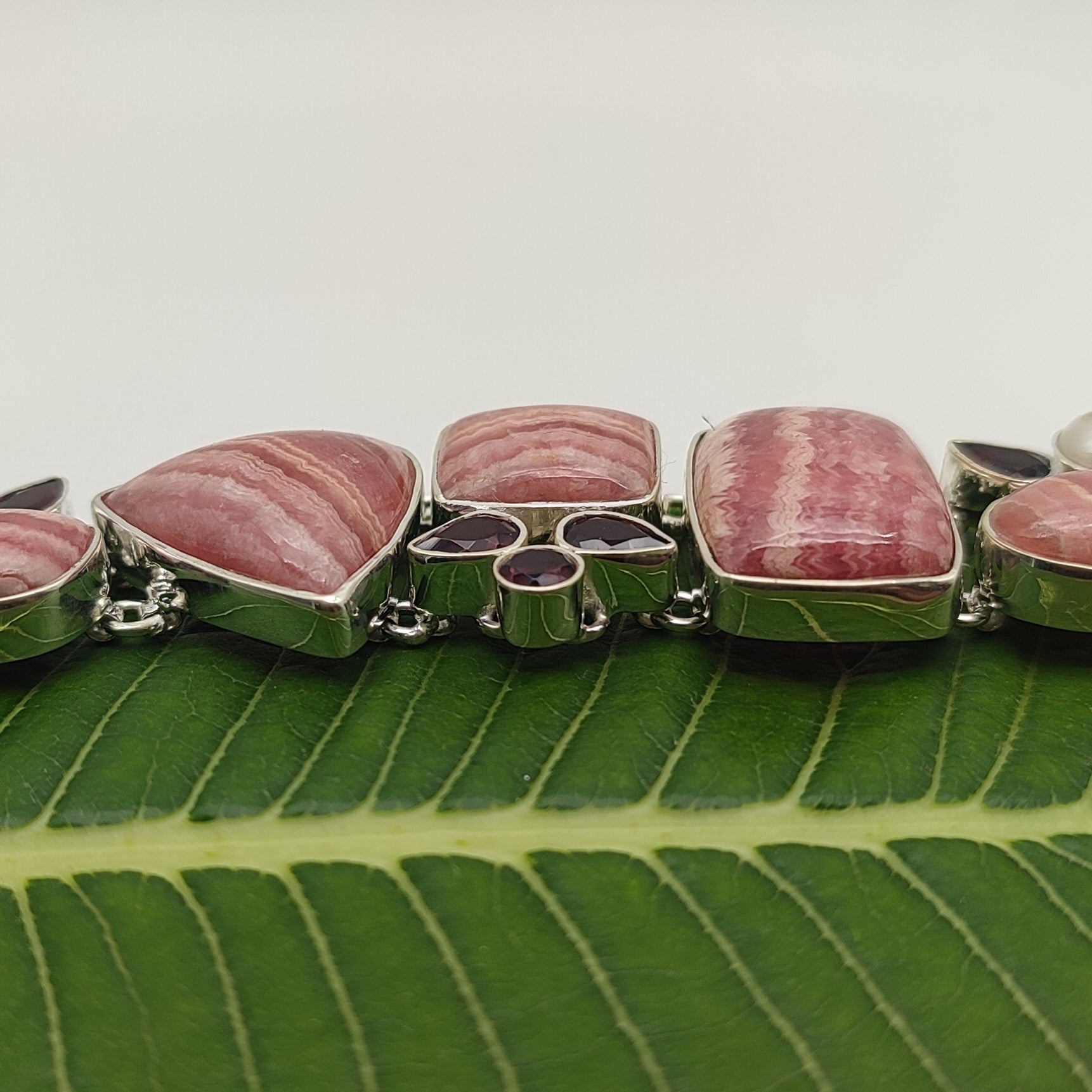Fine Handmade Rhodonite And Garnet Bracelet in 925 Sterling Silver Elegant Gemstone Jewelry
