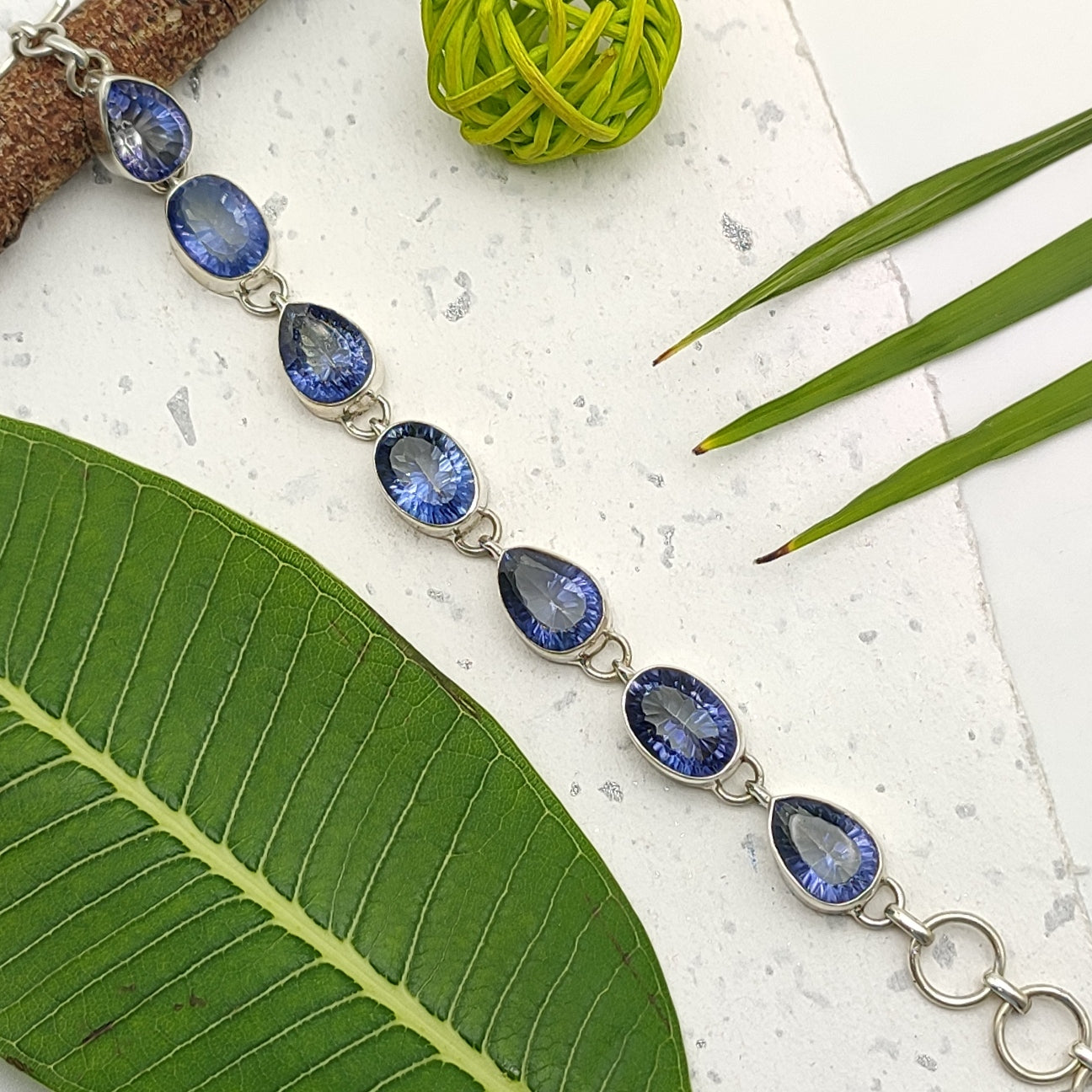 Handmade 925 Sterling Silver Blue Topaz Bracelet Oval & Pear Shape Gemstone Bracelet