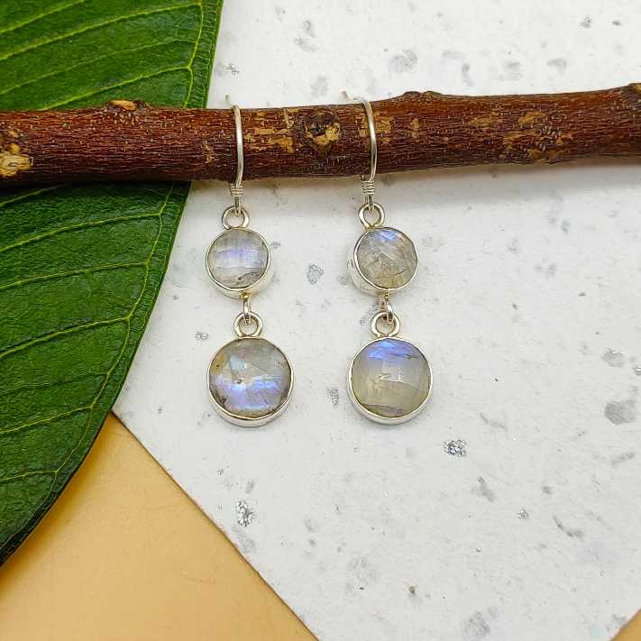 Handmade Natural Moonstone Dangler Gemstone Earrings 925 Silver