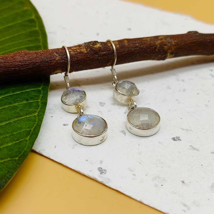 Handmade Natural Moonstone Dangler Gemstone Earrings 925 Silver