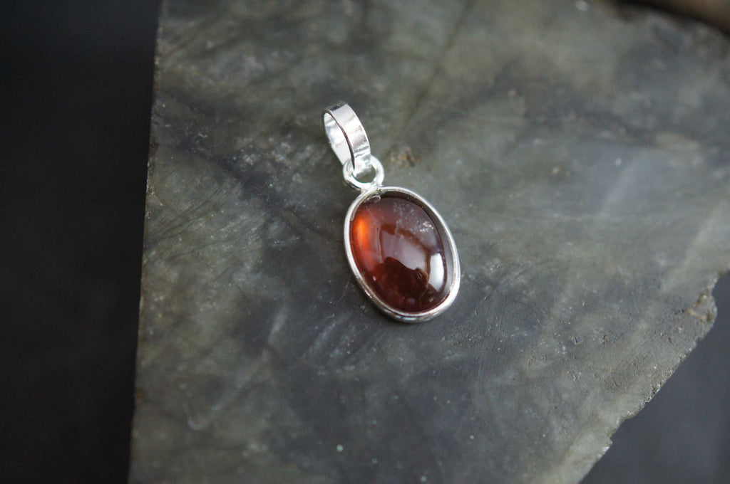 Thin Bezel Hessonite Garnet 925 Silver Pendant Handmade Gift