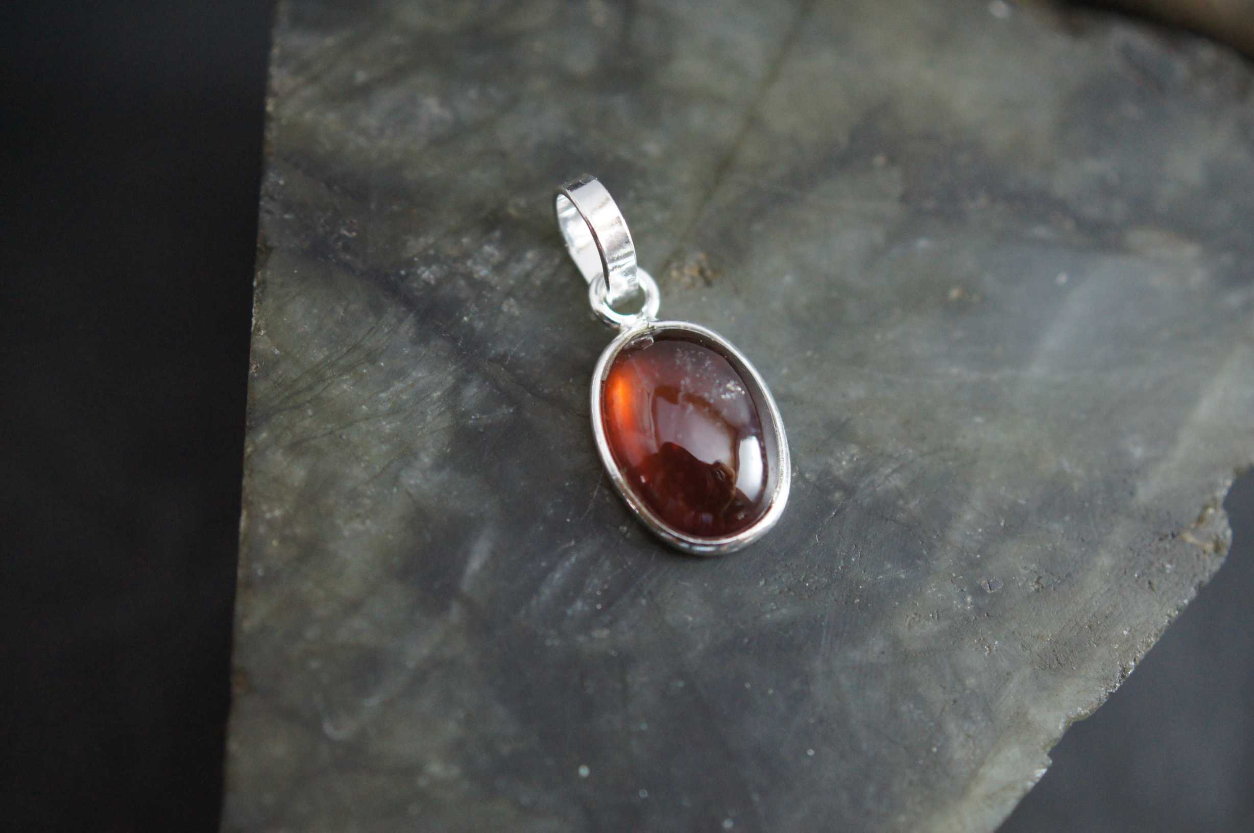 Thin Bezel Hessonite Garnet 925 Silver Pendant Handmade Gift