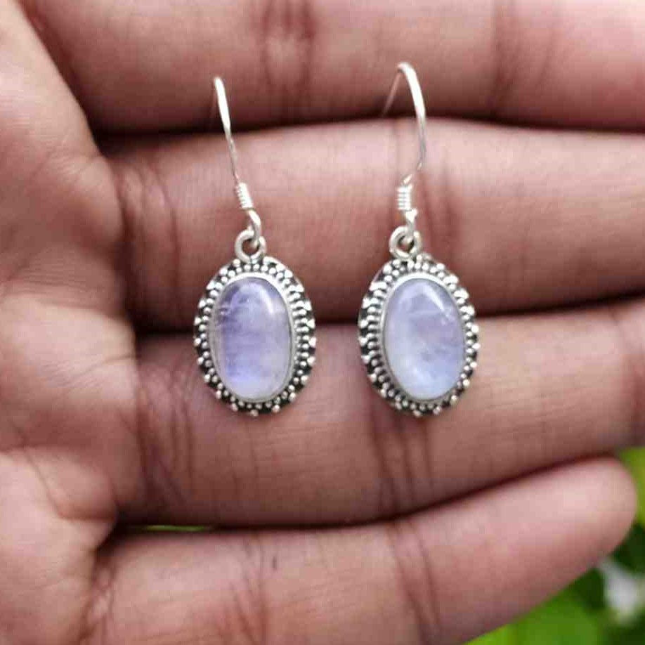 Rainbow Moonstone 925 Sterling Silver Oval Gemstone Earrings