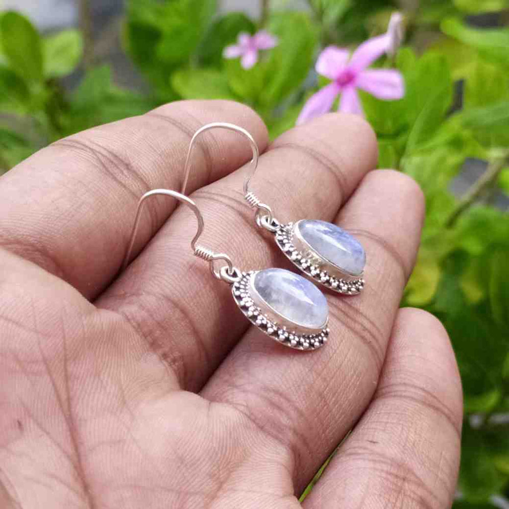 Rainbow Moonstone 925 Sterling Silver Oval Gemstone Earrings