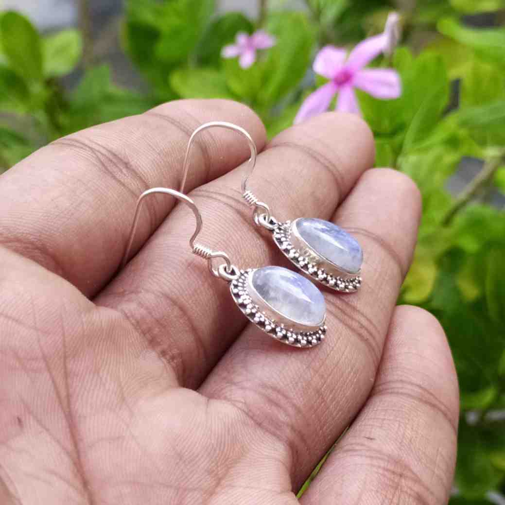 Rainbow Moonstone 925 Sterling Silver Oval Gemstone Earrings