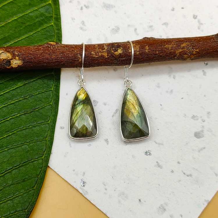 Handmade Natural Labradorite Dangler Gemstone Earrings 925 Silver