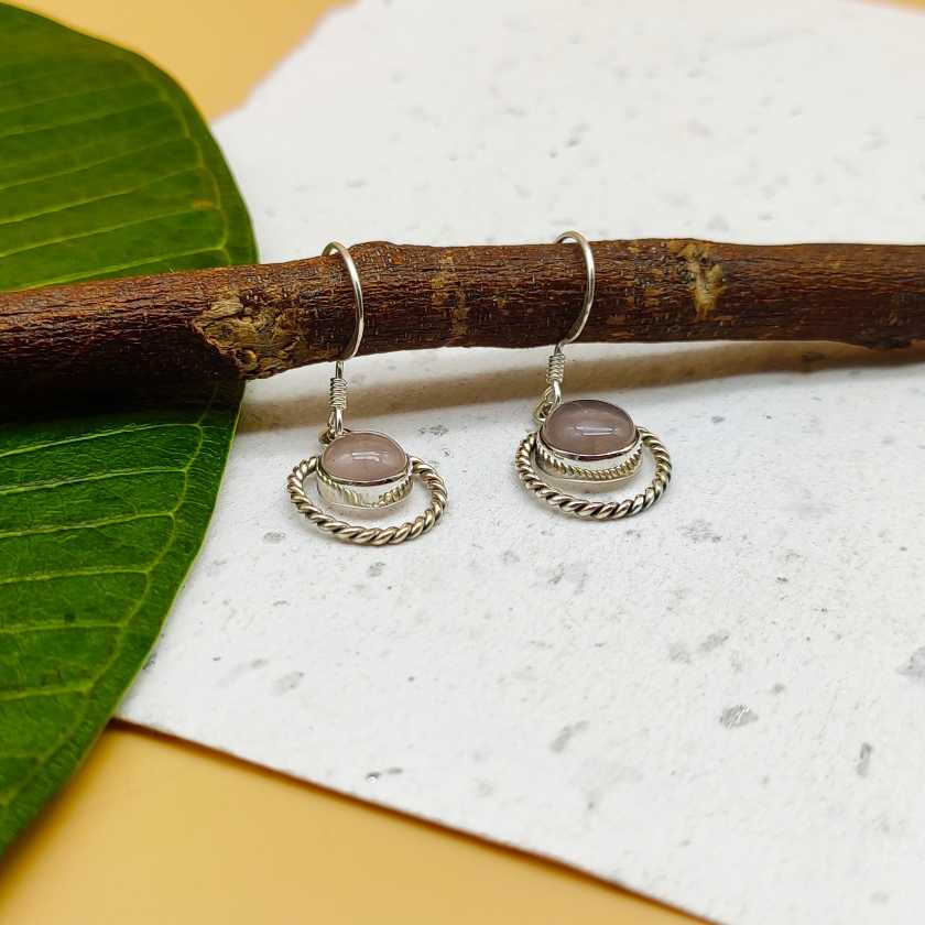 Rose Quartz Cute Twisted Wire Earring In 925 Solid Silver