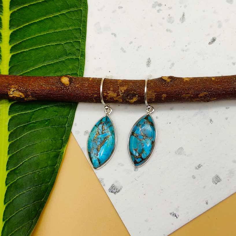 Blue Copper Turquoise Marquise Dangle Earrings in 925 Sterling Silver