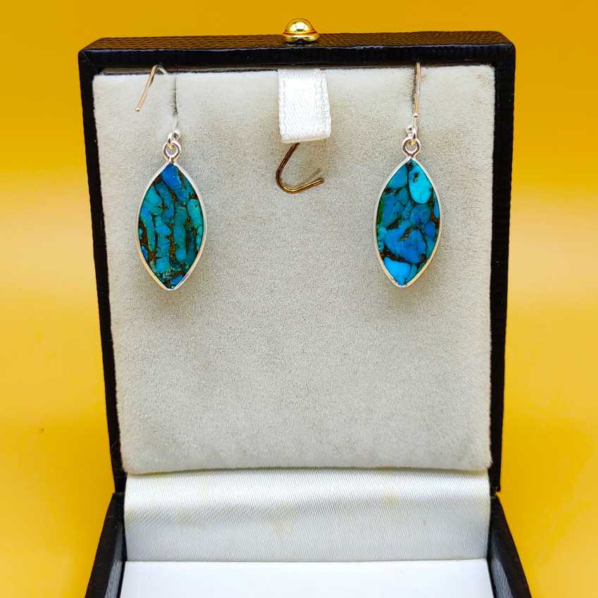 Blue Copper Turquoise Marquise Dangle Earrings in 925 Sterling Silver