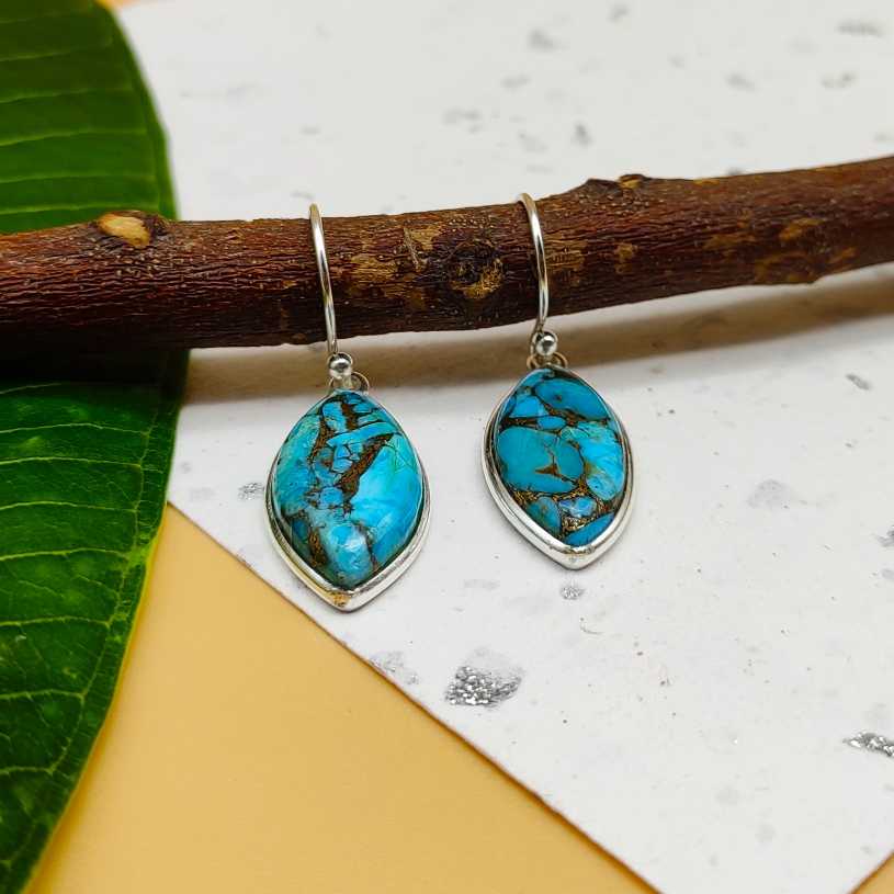 Blue Copper Turquoise Marquise Dangle Earrings in 925 Sterling Silver