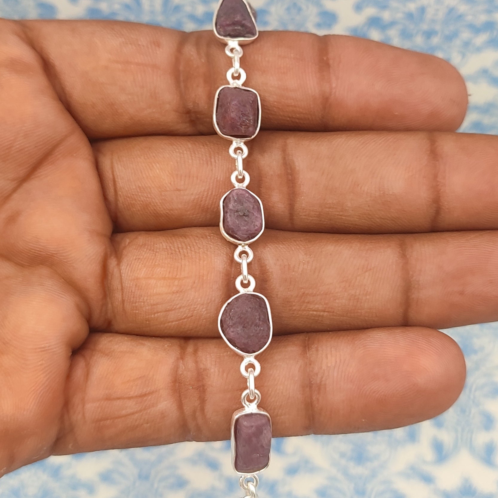 Rough Stone Ruby Bracelet Natural Gemstone 925 Silver
