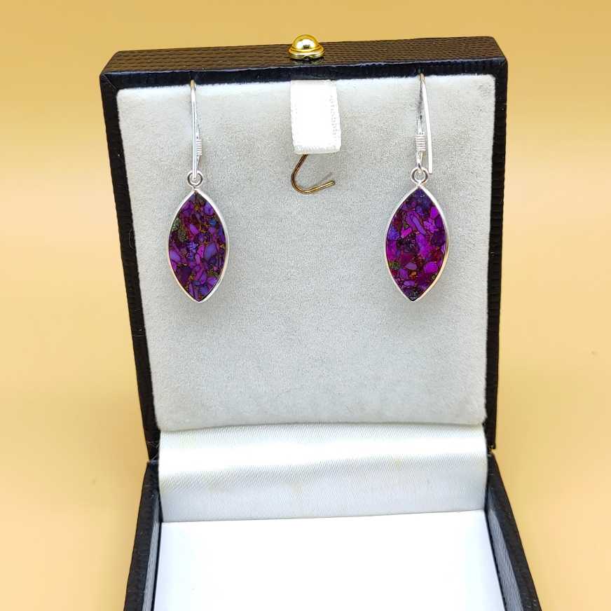 Purple Copper Turquoise Marquise Dangle Earrings in 925 Sterling Silver