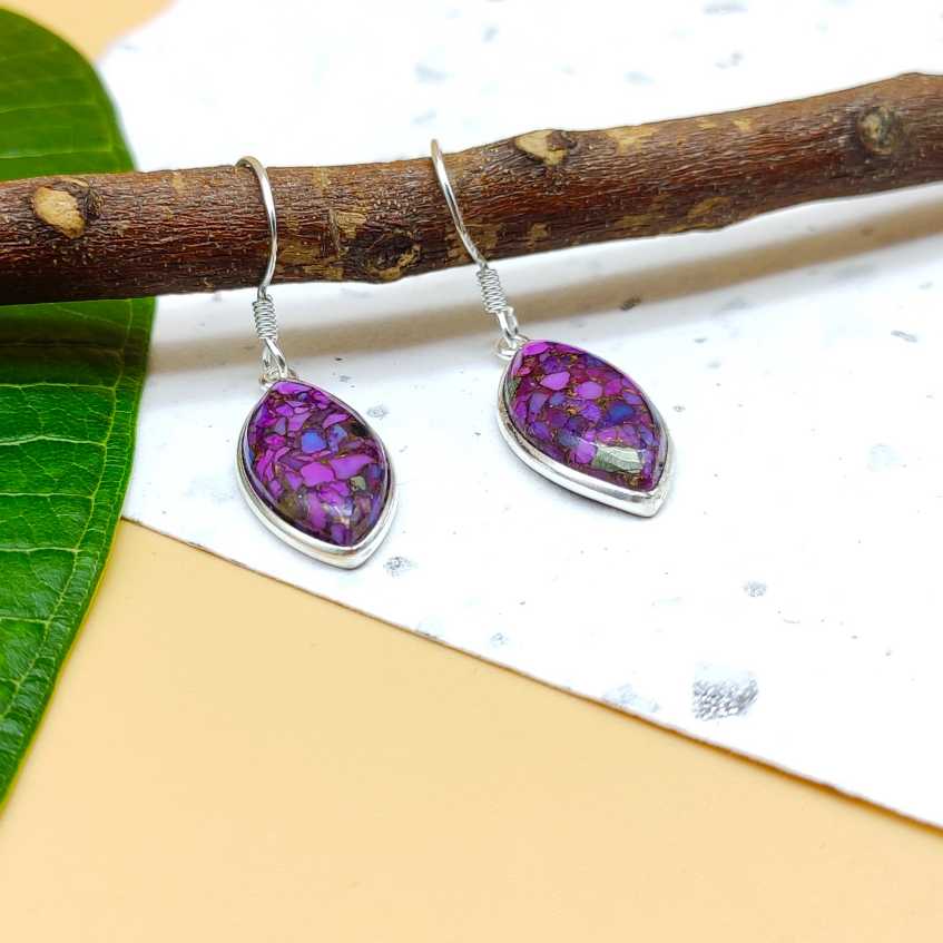 Purple Copper Turquoise Marquise Dangle Earrings in 925 Sterling Silver