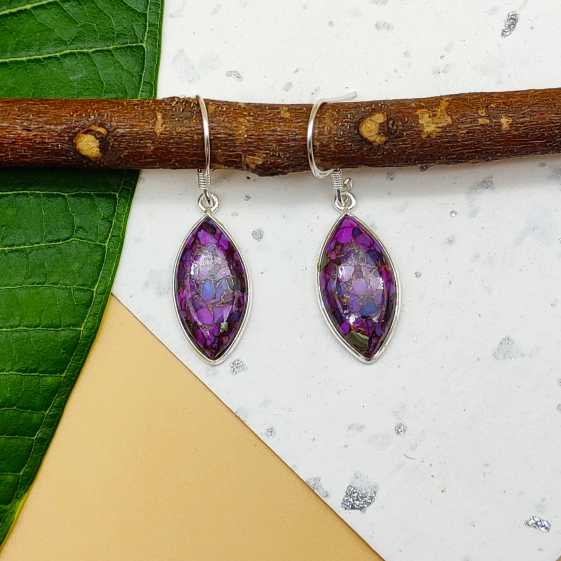 Purple Copper Turquoise Marquise Dangle Earrings in 925 Sterling Silver