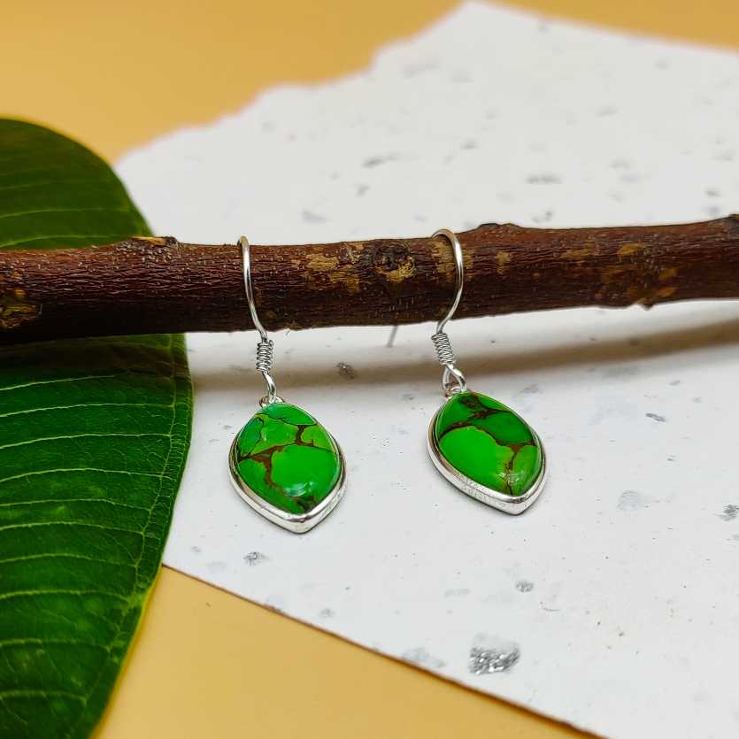 Green Copper Turquoise Marquise Dangle Earrings in 925 Sterling Silver