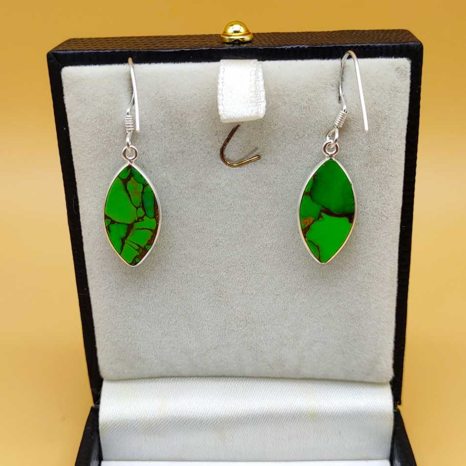 Green Copper Turquoise Marquise Dangle Earrings in 925 Sterling Silver