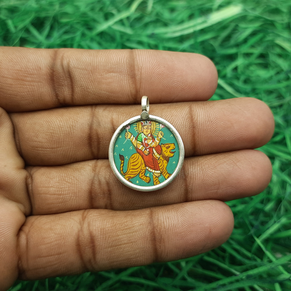 Goddess Lakshmi Hand-Painted Pendant in 925 Sterling Silver – Divine Prosperity Art Jewelry