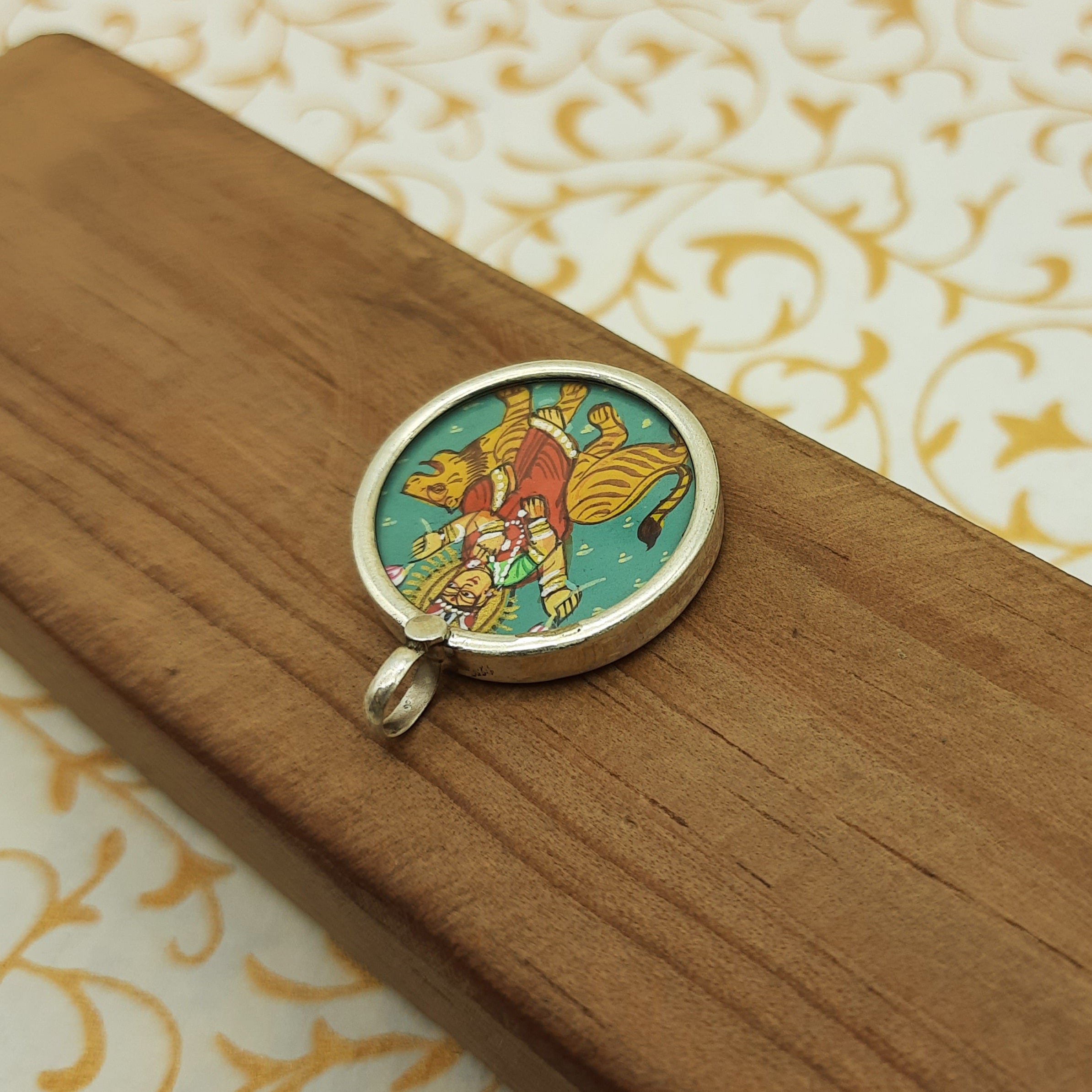 Goddess Lakshmi Hand-Painted Pendant in 925 Sterling Silver – Divine Prosperity Art Jewelry