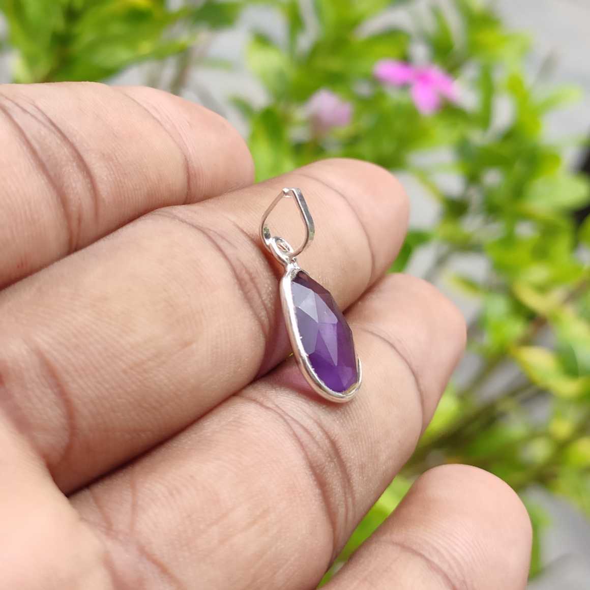 Thin Bezel Amethyst 925 Silver Pendant Handmade Gift Wholesale