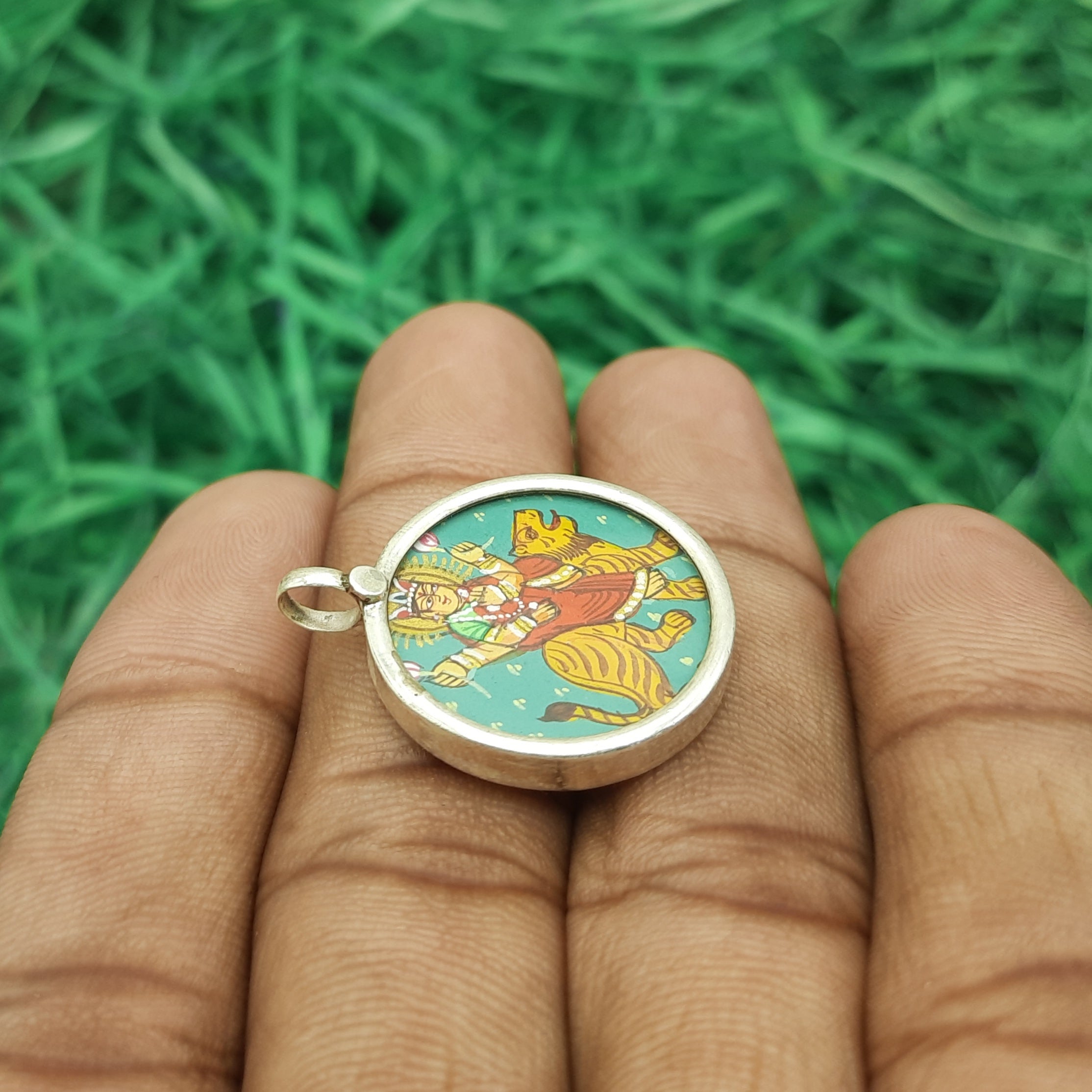 Goddess Lakshmi Hand-Painted Pendant in 925 Sterling Silver – Divine Prosperity Art Jewelry