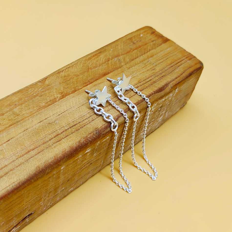 Star Shape Cuff Earring With Chain Solid 925 Silver