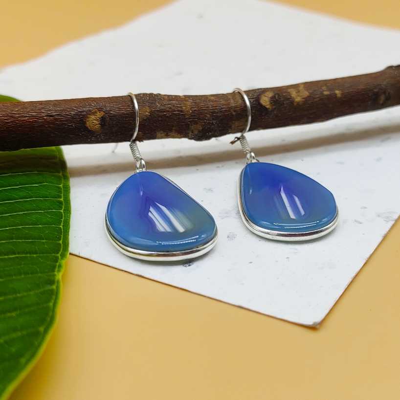 Elegant Blue Agate Gemstone Dangle Earrings Made In 925 Sterling Silver