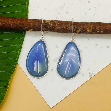 Elegant Blue Agate Gemstone Dangle Earrings Made In 925 Sterling Silver