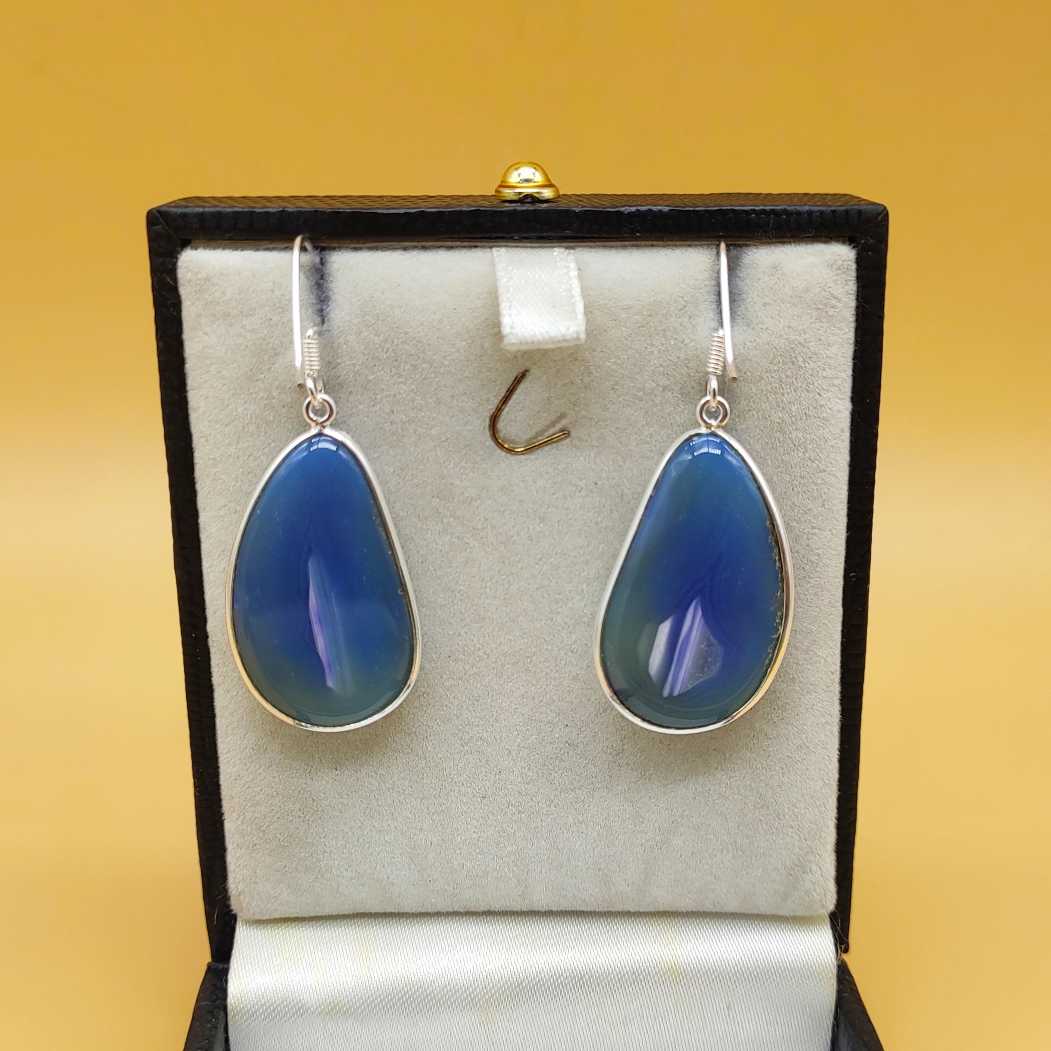 Elegant Blue Agate Gemstone Dangle Earrings Made In 925 Sterling Silver