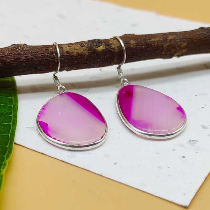 Elegant Pink Agate Gemstone Dangle Earrings Made In 925 Sterling Silver