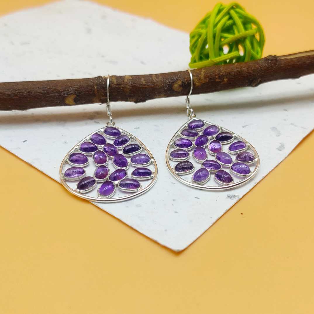Statement Amethyst Multi Gemstone One Of A Kind Dangle Earrings 925 Sterling Silver