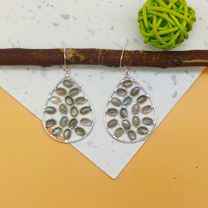 Statement Labradorite Multi Gemstone One Of A Kind Dangle Earrings 925 Sterling Silver