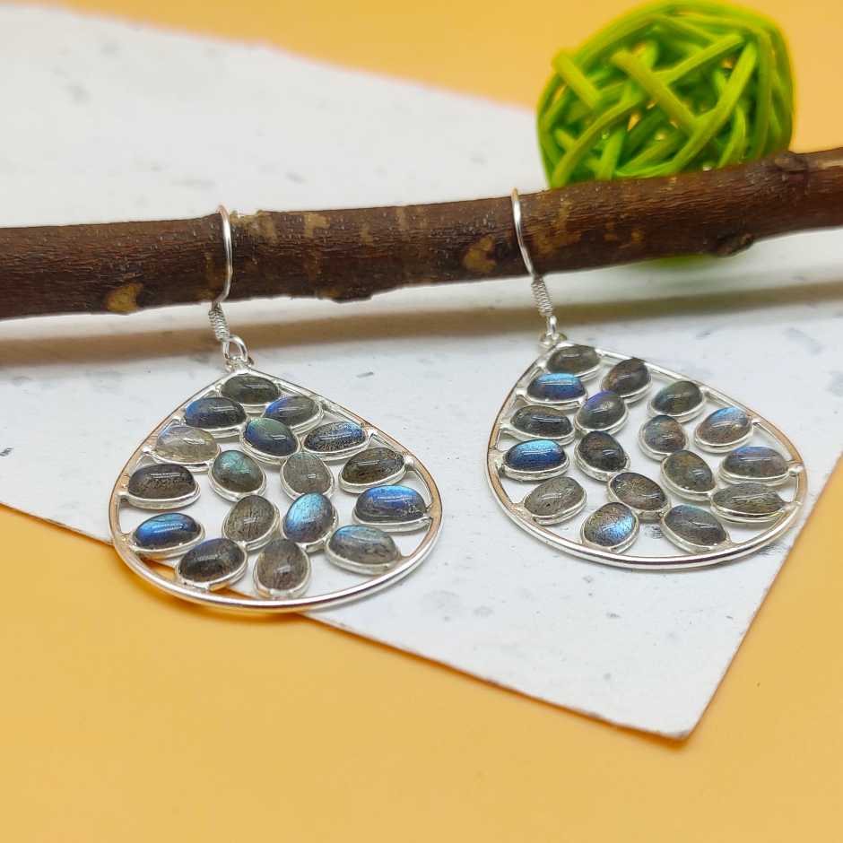 Statement Labradorite Multi Gemstone One Of A Kind Dangle Earrings 925 Sterling Silver