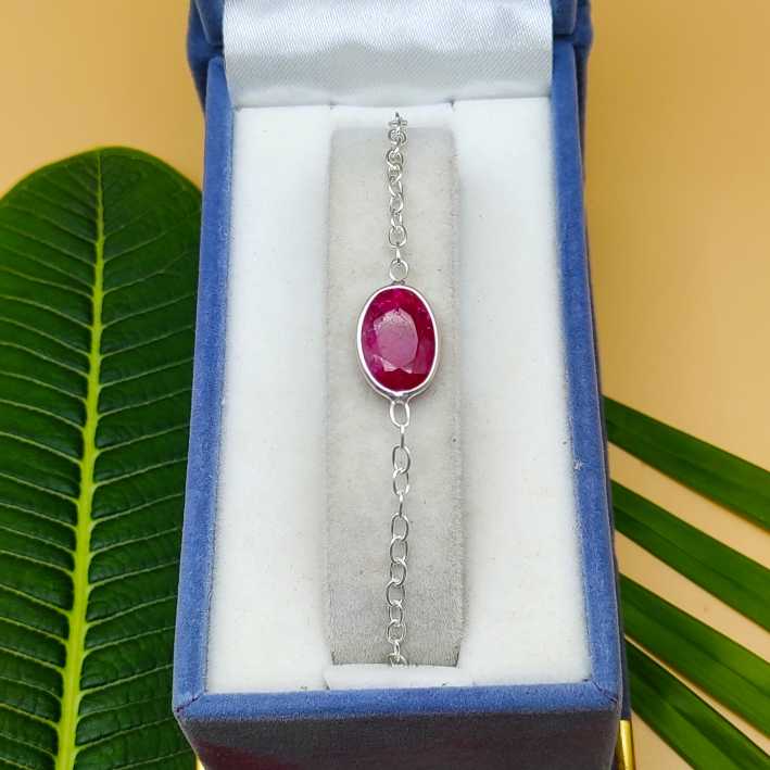 Fine Dainty Ruby Oval Stone  Silver Chain Bracelet