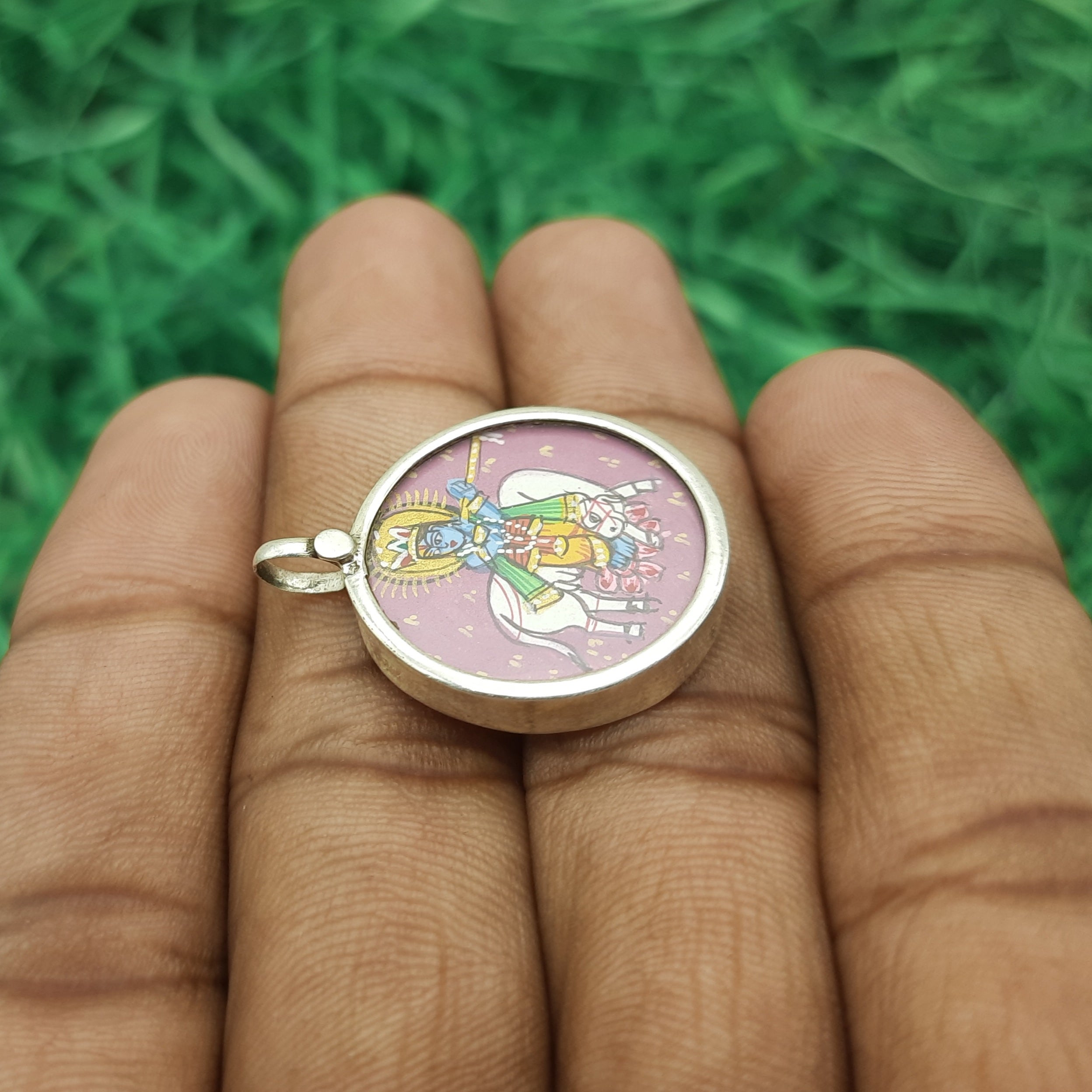 Lord Krishna Hand-Painted Pendant in 925 Sterling Silver – Divine Flute Art Jewelry