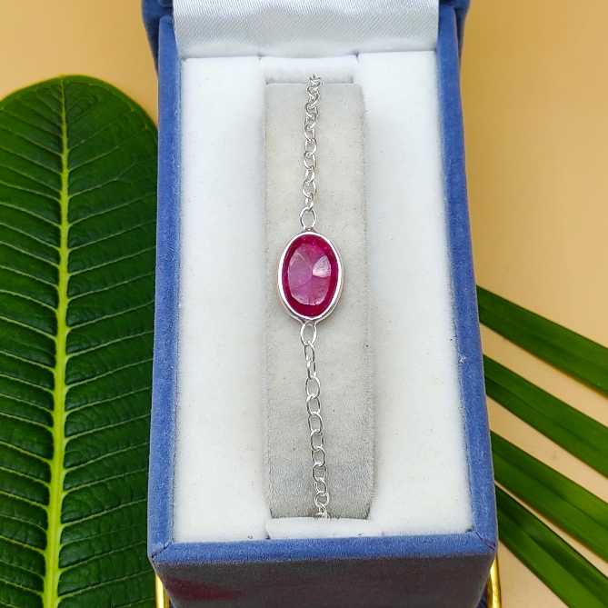 Fine Dainty Ruby Oval Stone  Silver Chain Bracelet