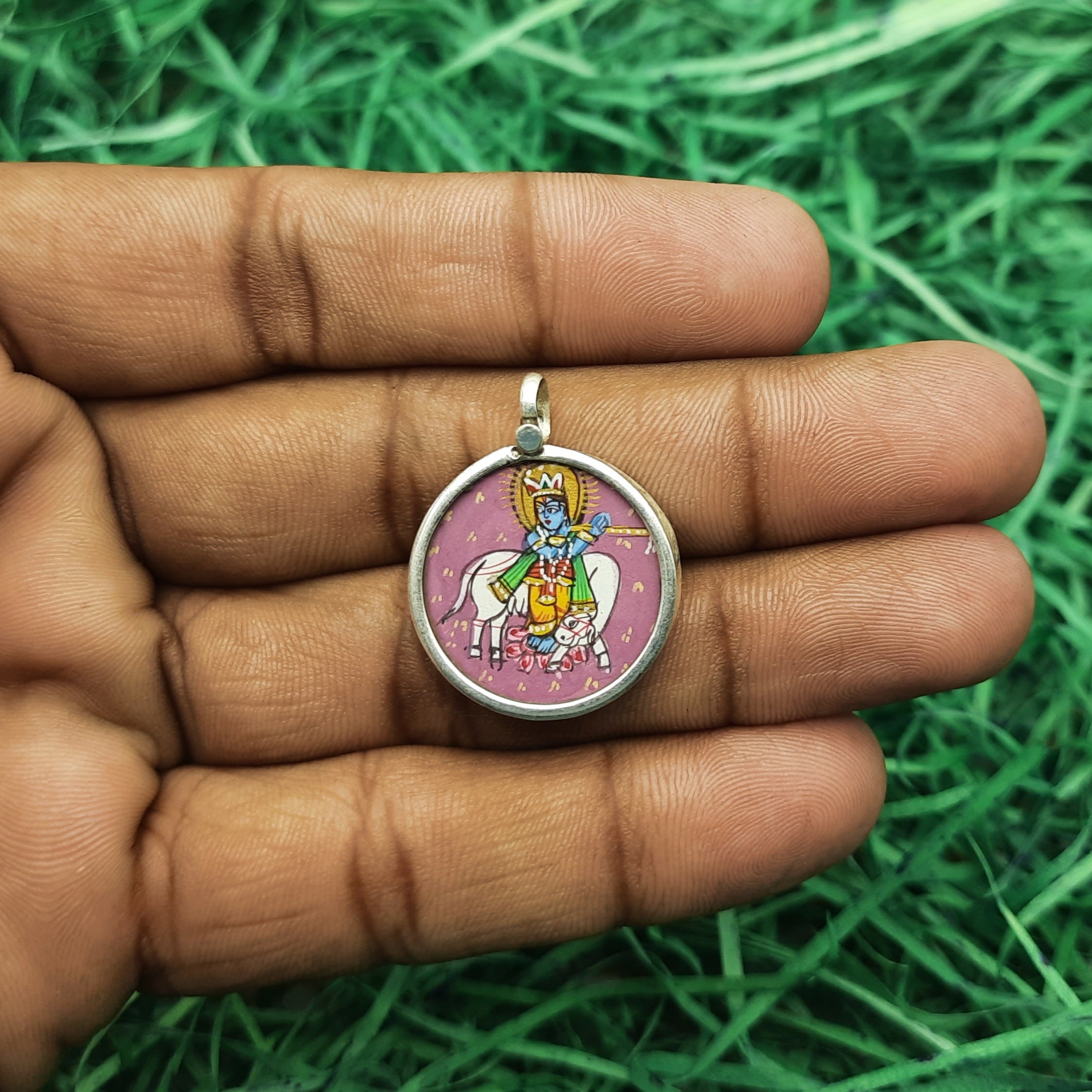 Lord Krishna Hand-Painted Pendant in 925 Sterling Silver – Divine Flute Art Jewelry