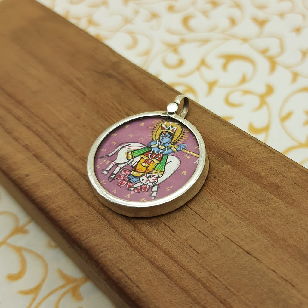 Lord Krishna Hand-Painted Pendant in 925 Sterling Silver – Divine Flute Art Jewelry